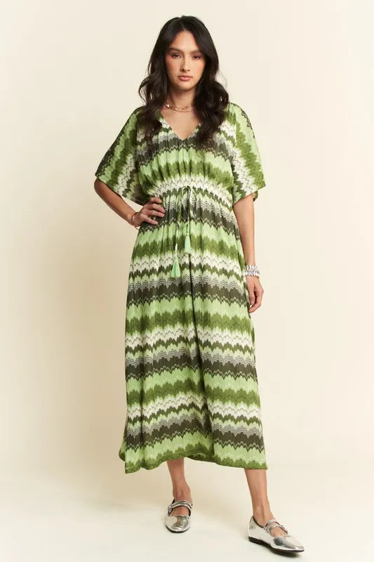 Davi & Dani Multi Color Wavy Tie Waist Flowy Sleeve Dress - Brittney MADE