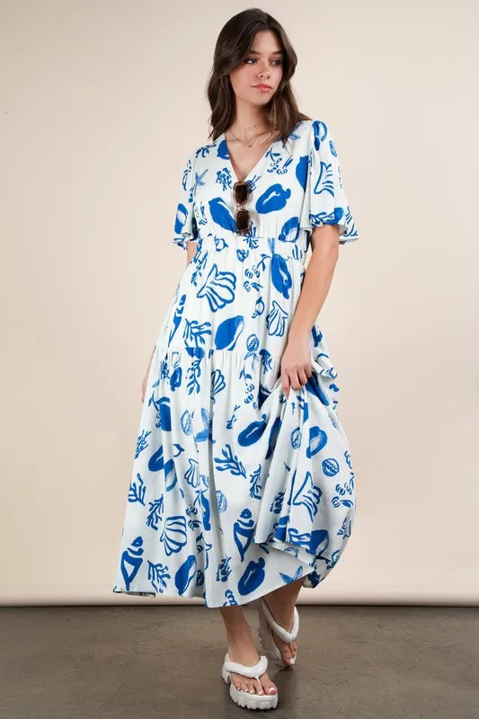 VERY J Printed V-Neck Resort Midi Dress - Brittney MADE