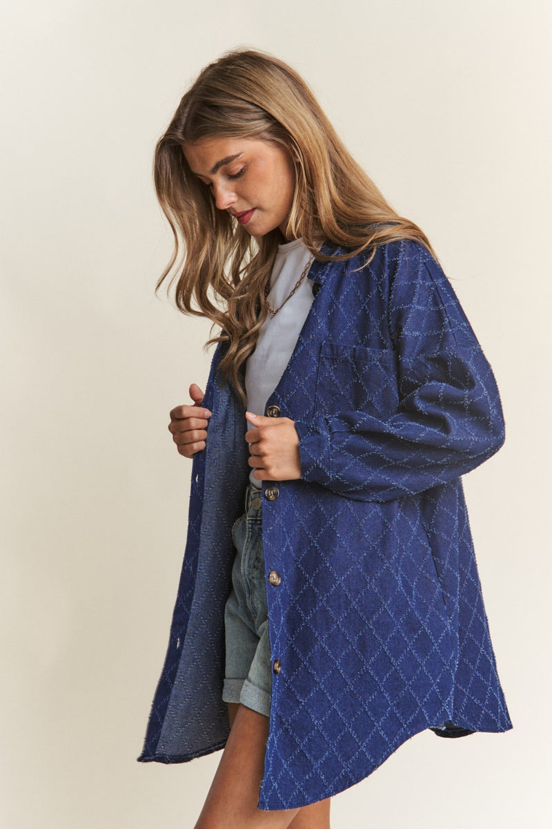 J.NNA Rhombus Stitched Button Up Denim Shacket - Brittney MADE