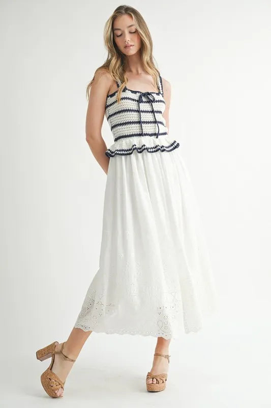 MABLE Crochet Stripe Knit Eyelet Mix Midi Dress - Brittney MADE