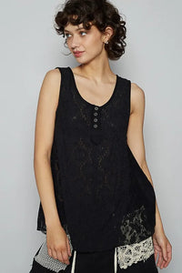POL Crochet Lace Mix Button Detail Round Neck Tank - Brittney MADE