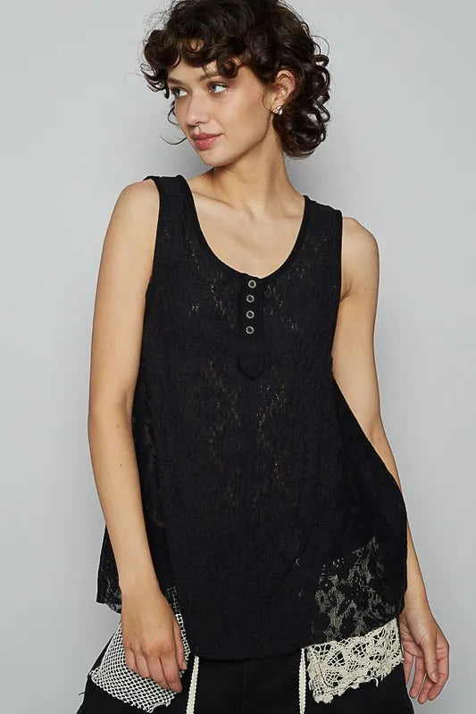 POL Crochet Lace Mix Button Detail Round Neck Tank - Brittney MADE
