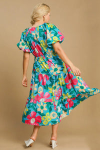 Umgee Full Size Tiered Floral Print Notched Puff Sleeve Midi Dress Plus Size - Brittney MADE