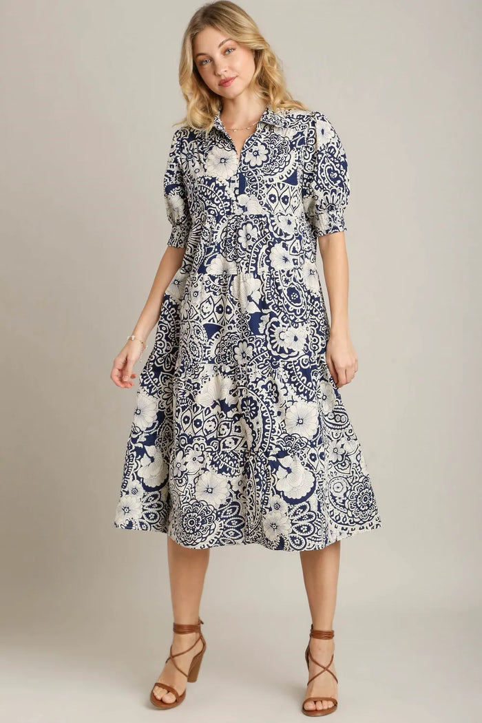 Umgee Full Size Printed Smocked Cuff Puff Sleeve Midi Dress Plus Size - Brittney MADE