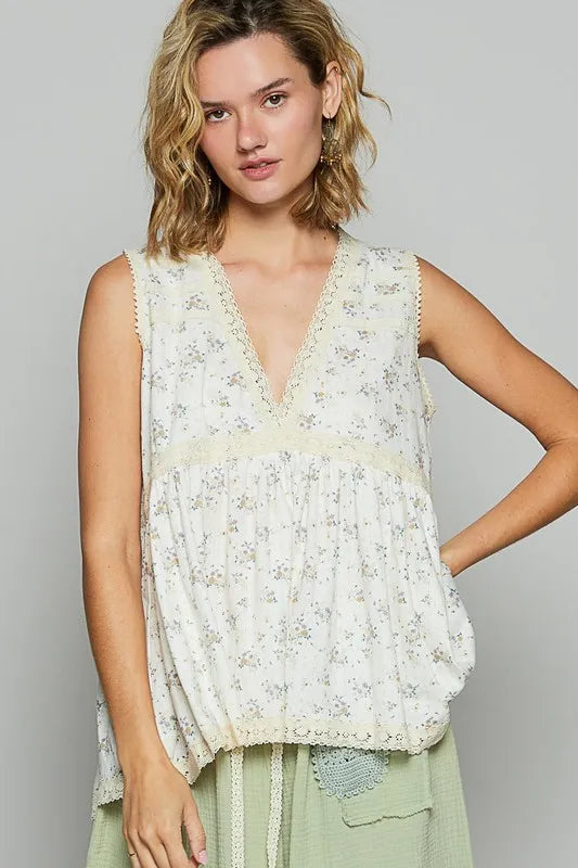 POL Lace Detail Floral V-Neck Sleeveless Top - Brittney MADE