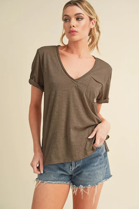 Aemi + Co Side Slit V-Neck Short Rolled Sleeve T-Shirt - Brittney MADE