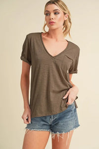 Aemi + Co Side Slit V-Neck Short Rolled Sleeve T-Shirt - Brittney MADE