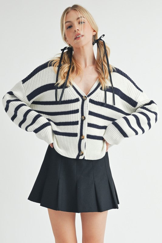 Aemi + Co Striped V-Neck Button Down Cardigan - Brittney MADE