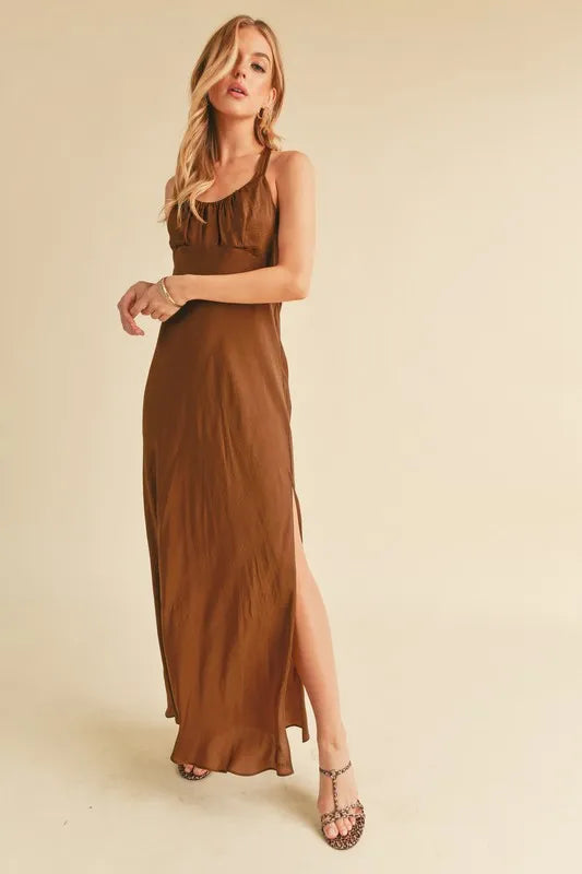 Aemi + Co Ruched Side Slit Cutout Back Maxi Cami Dress - Brittney MADE