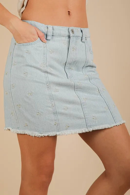VERY J Bow Printed Casual Denim Mini Skirt - Brittney MADE