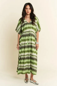 Davi & Dani Multi Color Wavy Tie Waist Flowy Sleeve Dress - Brittney MADE