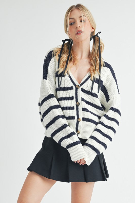 Aemi + Co Striped V-Neck Button Down Cardigan - Brittney MADE