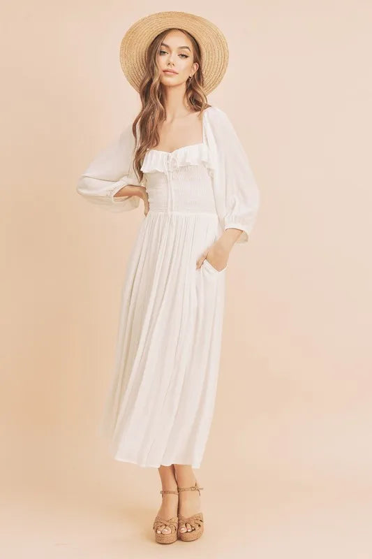 Aemi + Co Ruffled Smocked Square Neck Balloon Sleeve Dress - Brittney MADE
