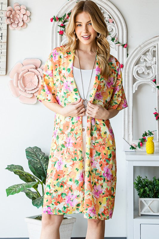 Heimish Full Size Half Sleeve Multi Color Floral Open Cardigan Plus Size - Brittney MADE