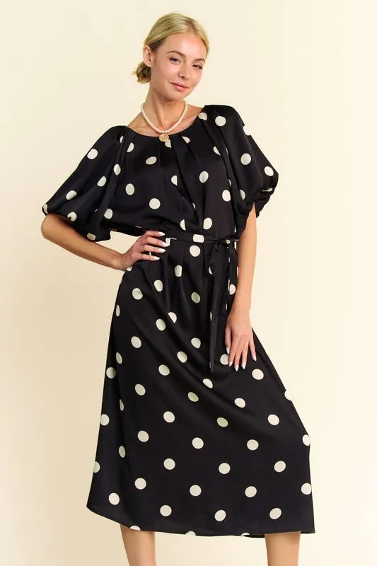 Davi & Dani Polka Dot Puff Sleeves Waist Tie Midi Dress - Brittney MADE