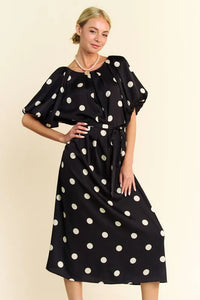 Davi & Dani Polka Dot Puff Sleeves Waist Tie Midi Dress - Brittney MADE