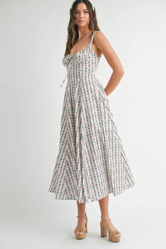 MABLE Floral Print Bustier Back Lace Up Midi Dress - Brittney MADE