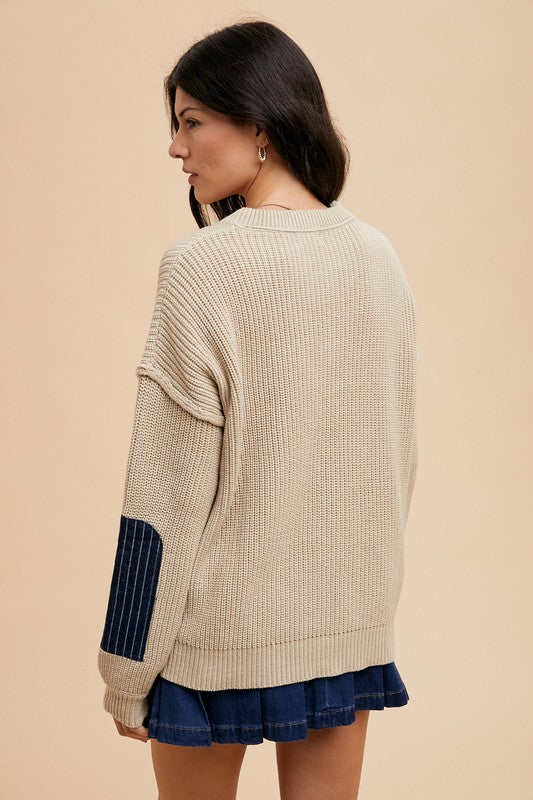 Annie Wear Contrast Round Neck Drop Shoulder Sweater with Patch Pocket - Brittney MADE