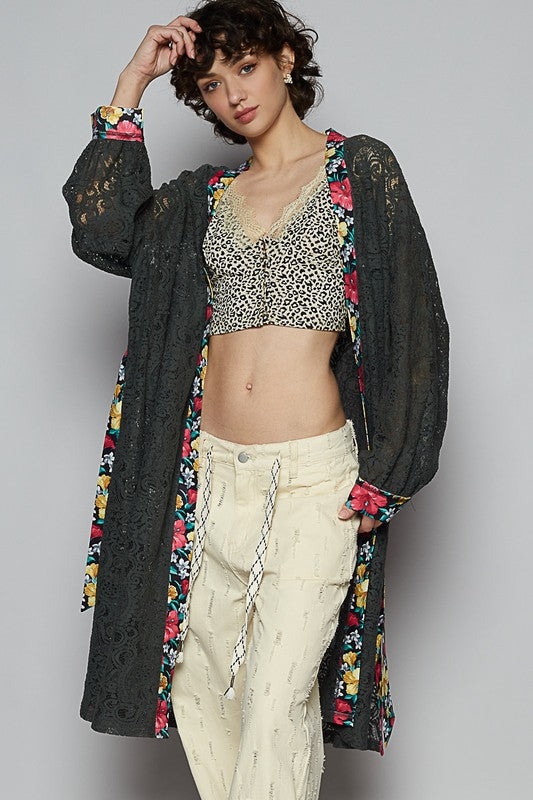 POL Floral Trim Lace Open Front Longline Cardigan - Brittney MADE