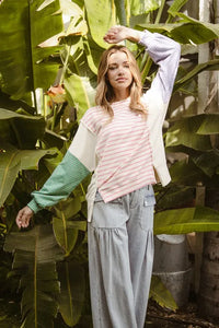 BiBi Exposed Seam Slit Striped Round Neck T-Shirt - Brittney MADE