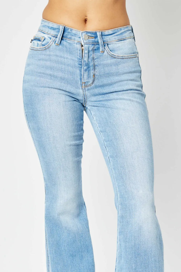 Judy Blue Full Size Mid Rise Raw Hem Slit Flare Jeans - Brittney MADE