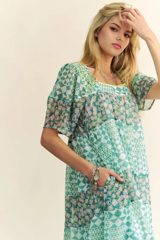 Davi & Dani Multi Floral Square Neck Puff Sleeve Maxi Dress - Brittney MADE