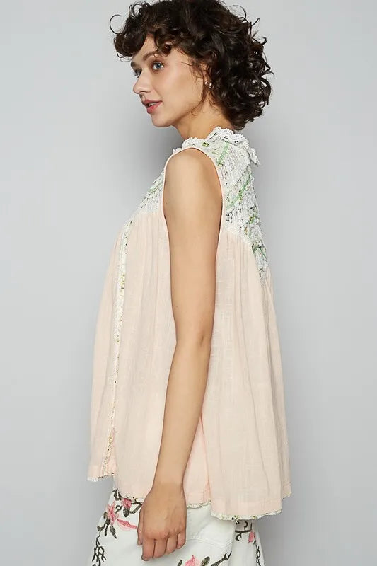 POL Lace Detail Floral Sleeveless Rayon Gauze Top - Brittney MADE