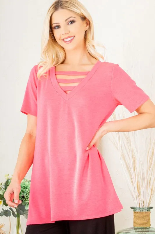 Heimish Full Size V-Neck Short Sleeve T-Shirt with Bar Detail Plus Size - Brittney MADE