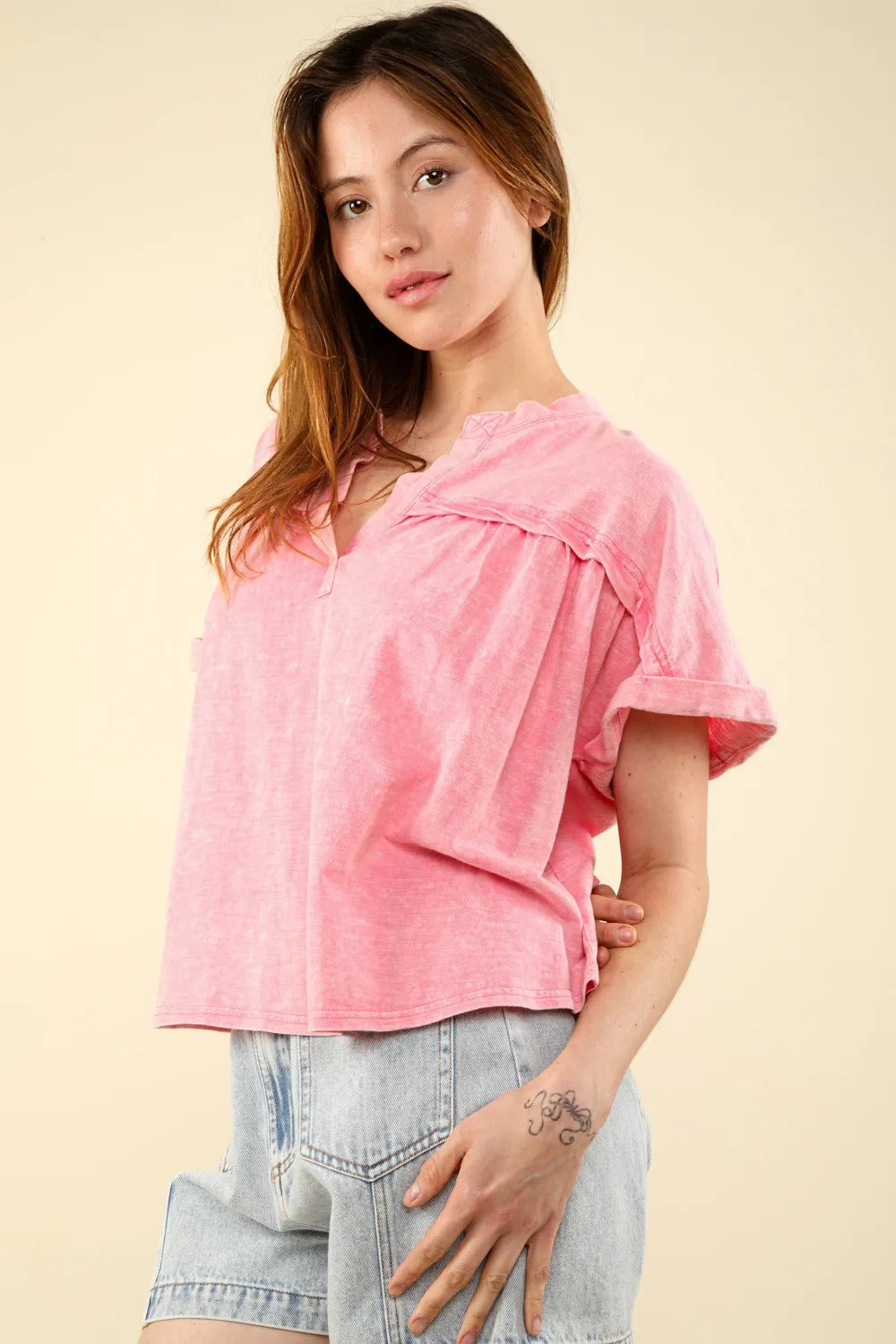 VERY J Nochted Short Sleeve Washed T-Shirt - Brittney MADE