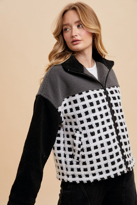 Annie Wear Plaid Zip Up Drop Shoulder Sherpa Jacket - Brittney MADE