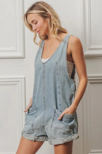 BiBi Folded Hem Vintage Washed Denim Overalls - Brittney MADE