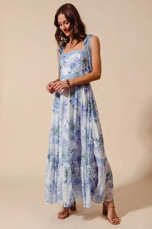 SO ME Floral Print Flowy Maxi Dress with Lace Ribbon Tie - Brittney MADE