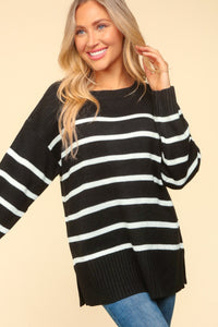 Haptics Full Size Striped Contrast Side Slit Sweater - Brittney MADE