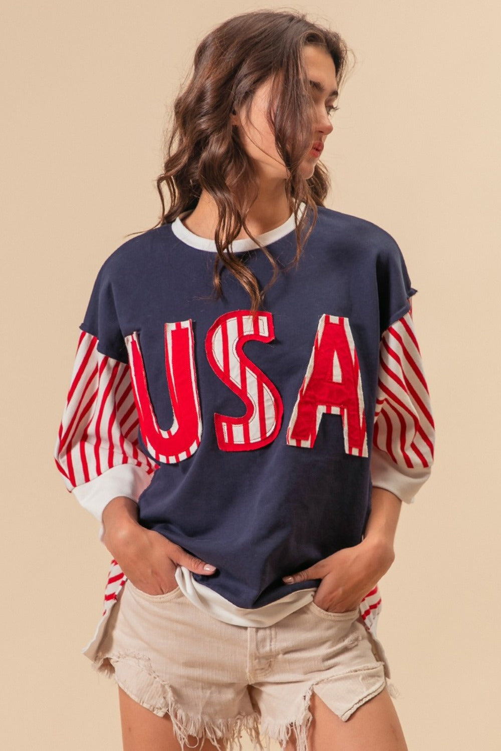 BiBi USA Letter Patchwork Contrast Short Sleeve T-Shirt - Brittney MADE