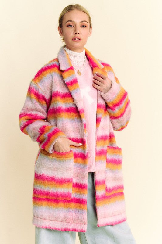 Davi & Dani Contrast Striped Open Front Coat with Pockets - Brittney MADE