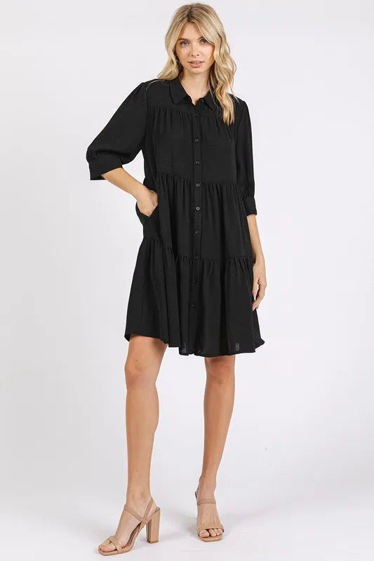 Mittoshop Button Detail Collared Neck Tiered Shirt Dress - Brittney MADE