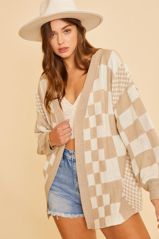 Annie Wear Checkered Open Front Drop Shoulder Cardigan - Brittney MADE