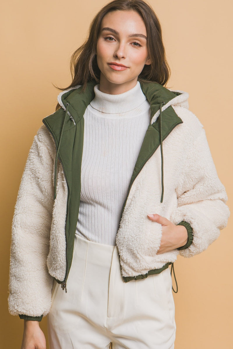Love Tree Zip Up Cropped Hooded Sherpa Reversible Jacket - Brittney MADE