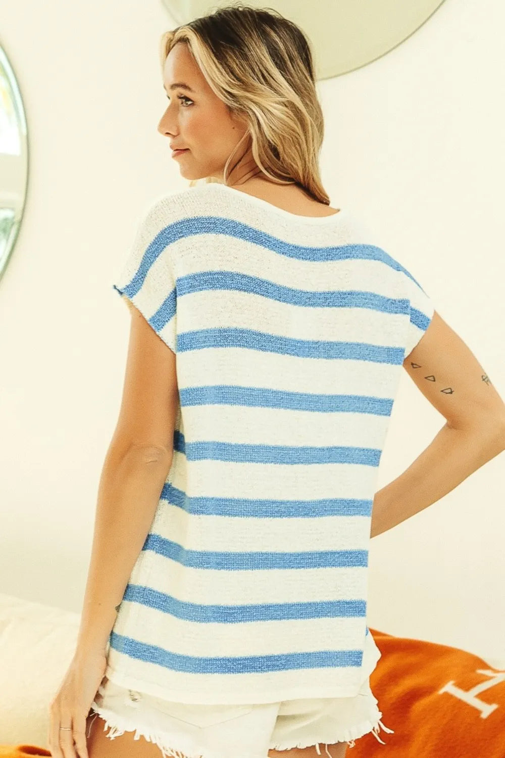 BiBi Striped Round Neck Short Sleeve Knit Top - Brittney MADE