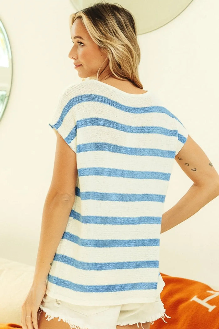 BiBi Striped Round Neck Short Sleeve Knit Top - Brittney MADE