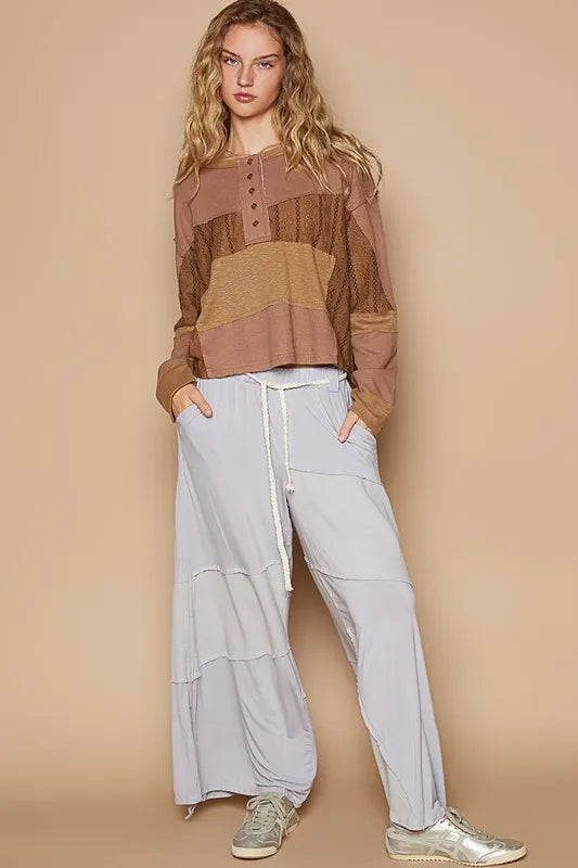 POL Half Button Color Block Drop Shoulder Knit Top - Brittney MADE