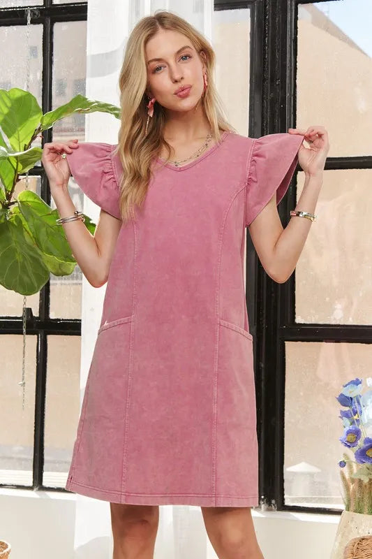 ADORA Mineral Washed V-Neck Ruffled Cap Sleeve Dress - Brittney MADE
