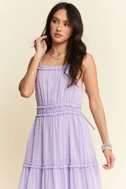 Davi & Dani Texture Swiss Dot Ruffle Square Neck Midi Dress - Brittney MADE