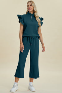 Double Take Full Size Texture Ruffle Short Sleeve Top and Wide Leg Pants Set - Brittney MADE