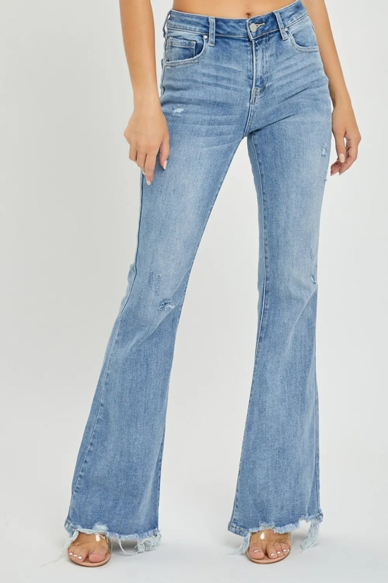 Risen Full Size High Rise Frayed Hem Flare Jeans - Brittney MADE