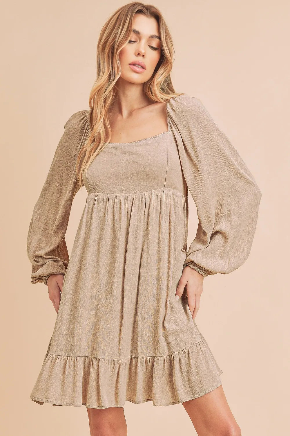 Aemi + Co Ruffled Hem Square Neck Balloon Sleeve Mini Dress - Brittney MADE