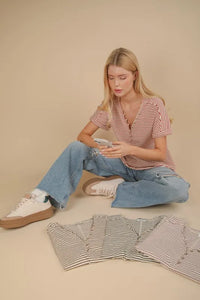 VERY J Striped V-Neck Short Sleeve T-Shirt - Brittney MADE