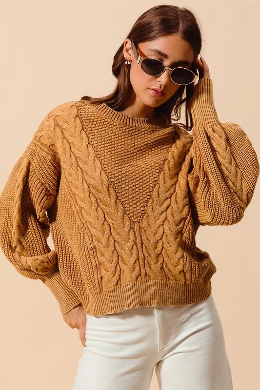 SO ME Mineral Washed Loose Fit Textured Cable Sweater - Brittney MADE