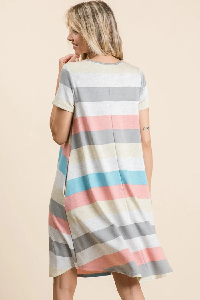 BOMBOM Striped Short Sleeve Dress with Pockets - Brittney MADE