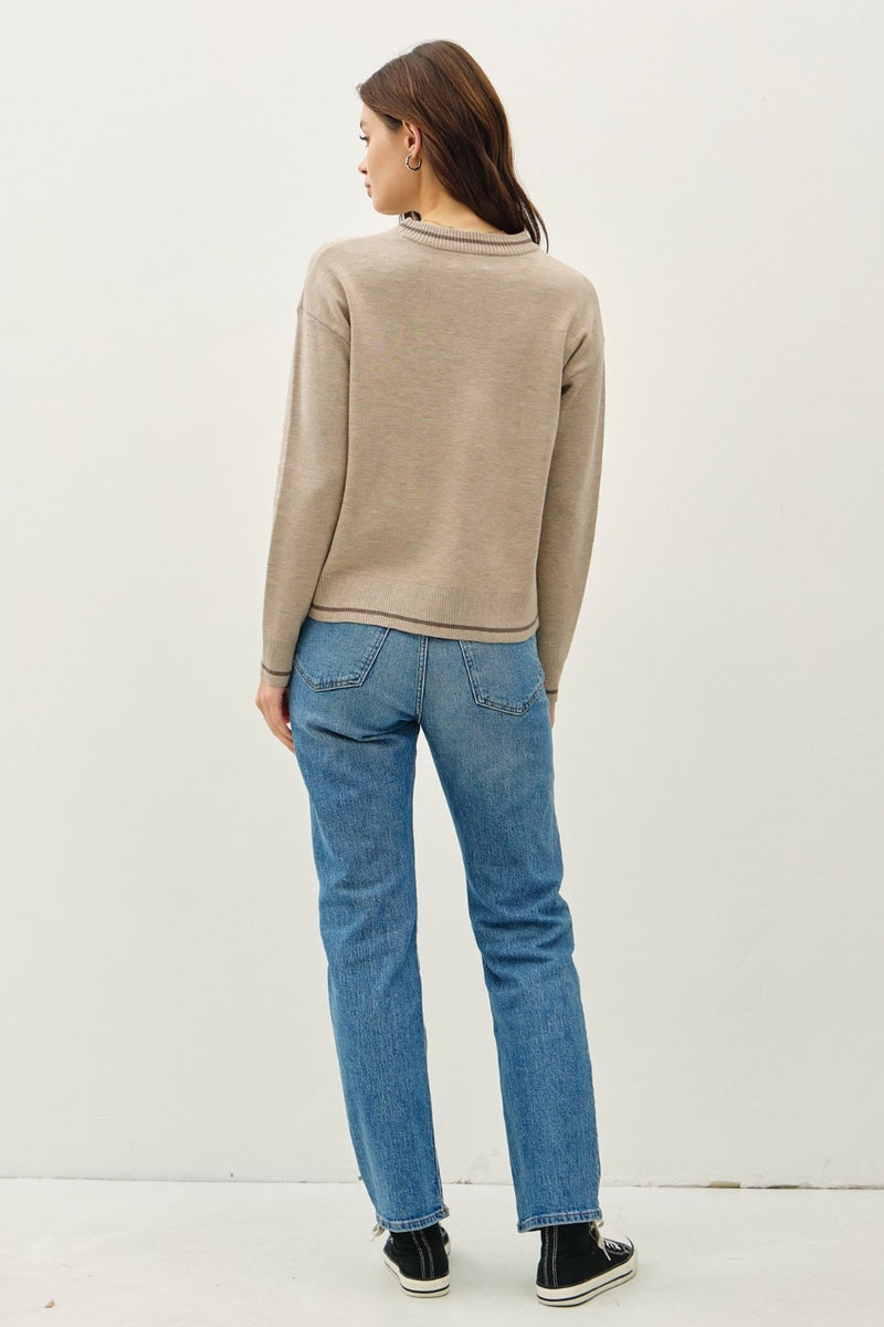 Be Cool Striped Trim Round Neck Long Sleeve Sweater - Brittney MADE